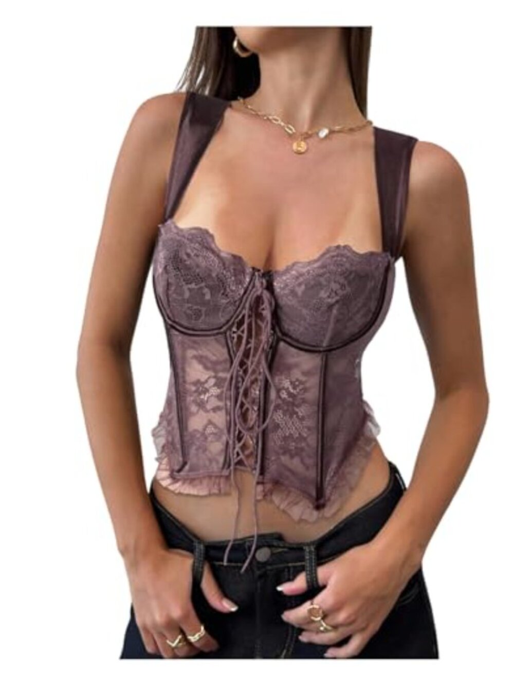 Women's Lace Bustier Corset Top Sleeveless Mesh Ruffle Tank